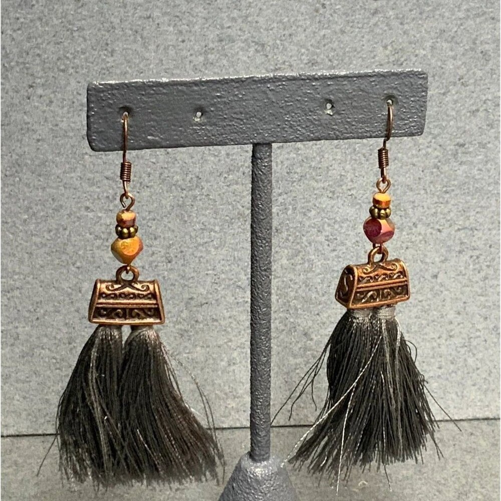 Bali Dangle Pierced Earrings Copper Double Gray Tassel Retro BoHo Iridescent Y2K